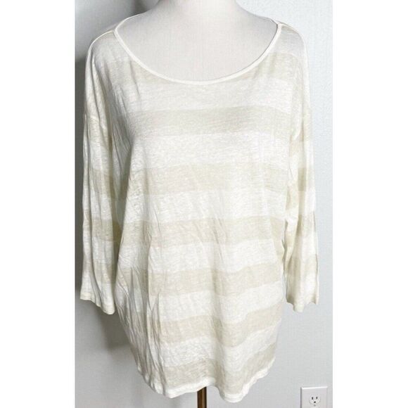 Majestic Filatures Deluxe Linen Top‎ Size 4 Large Beige White Stripes Boxy Fit - Picture 1 of 5